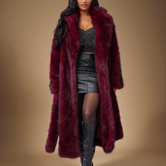 Burgundy Casual Women's Long Fluffy Faux Fur Coat - Picture 5 of 8